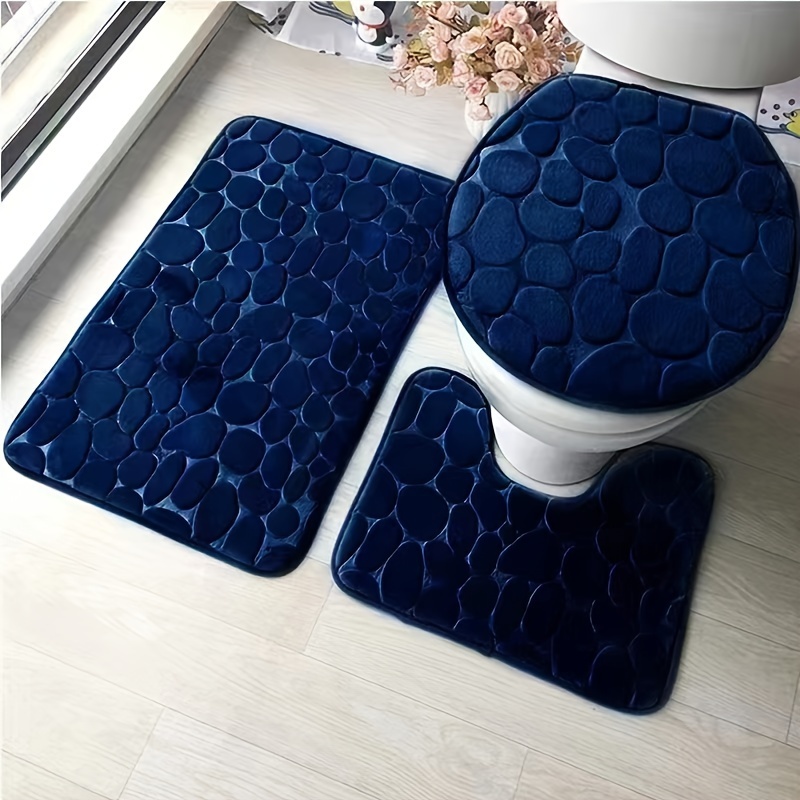 

3-piece Soft & Comfortable Flannel Bathroom Mats Set - Quick Dry, Non-slip U-shaped Toilet Rug With Cobblestone Embossed Design - Perfect For Home Decor