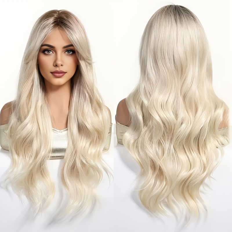 Image of 26 Inch Dark Root Ombre Pale Blonde Loose Wave Wig For Women, Curtain Fringe Heat Resistant Fibers, Elegant Style For Daily , Party & Halloween Fancy Dress