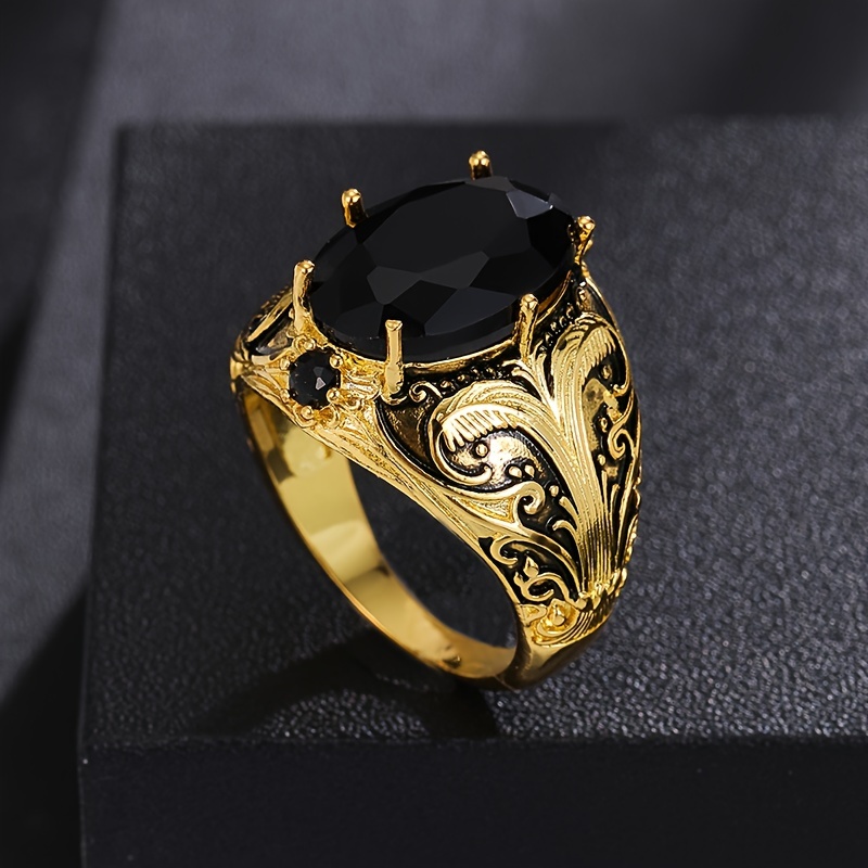1pc Vintage Style Men'S Ring, Black Oval Synthetic Zirconia Inlay, Copper Crafted, Retro Golden Finish, Elegant Single Ring Jewelry Gift