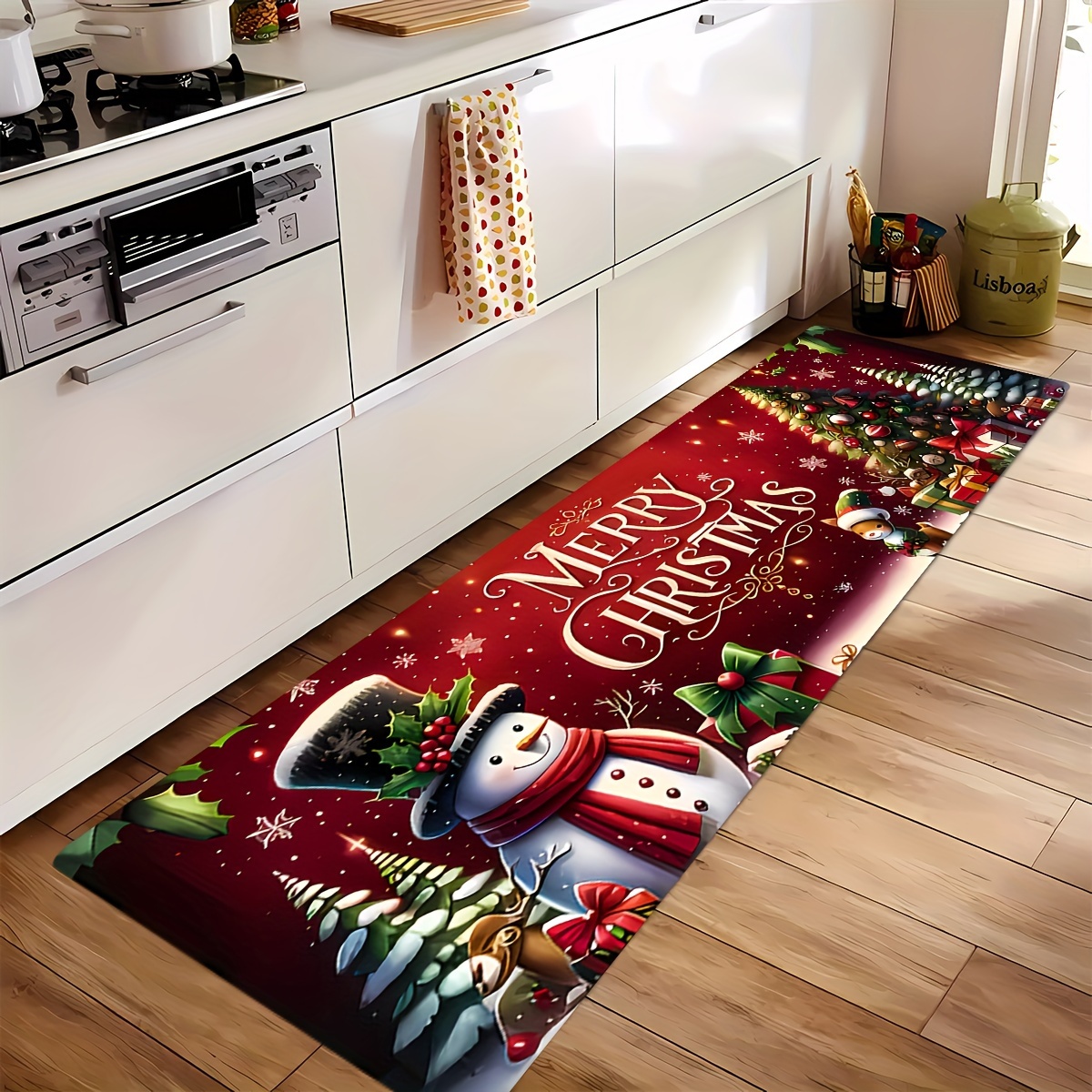 1pc Merry Christmas Snowman Runner Rug, Red And Green Snowman Tree Deer Design, Non-slip, Washable, Decor For Kitchen, Dining Room, Bathroom, Bedroom, Entryway, Festive Decoration