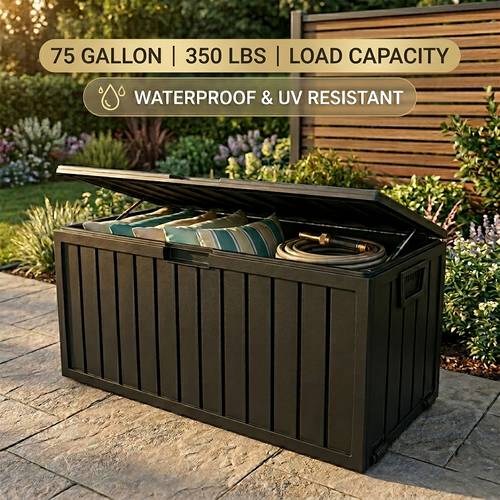 75 gallon waterproof outdoor storage box with handles and wheels lockable deck box for pool accessories patio decor garden tools camping gear holiday gift easy to assemble outside cabinet rack toy organization containers box cabinet rack
