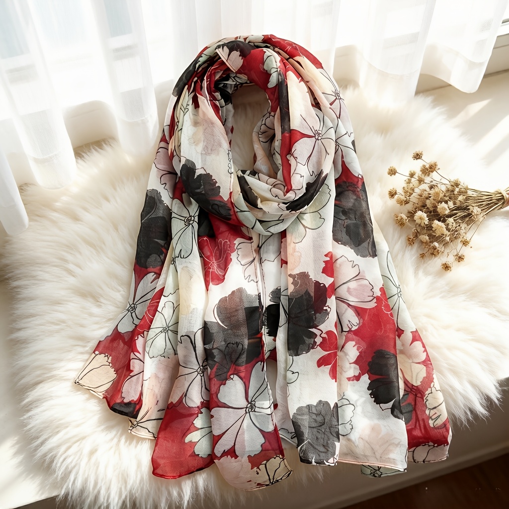 TEMU 1 Bali Yarn Floral Print Women's Scarf, Lightweight And Breathable Shawl, Elegant And Stylish Design Women's Scarf, Beach Towel, Dress Headscarf
