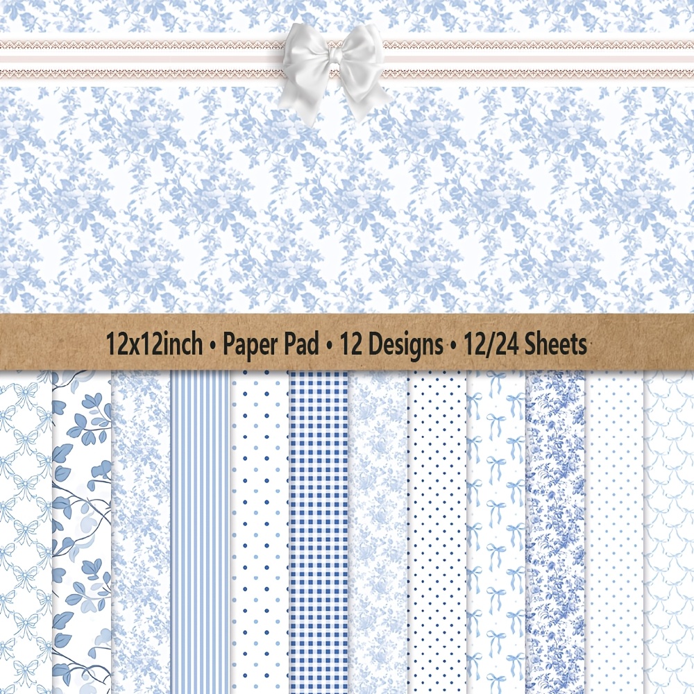 TEMU 12/24 Sheets 12x12 Inch Paper Pad, Art Craft Pattern Paper For Scrapbooking, Cardstock Paper For Festival Gift Decorations, Diy Decorative Background Card Making Supplies - Blue