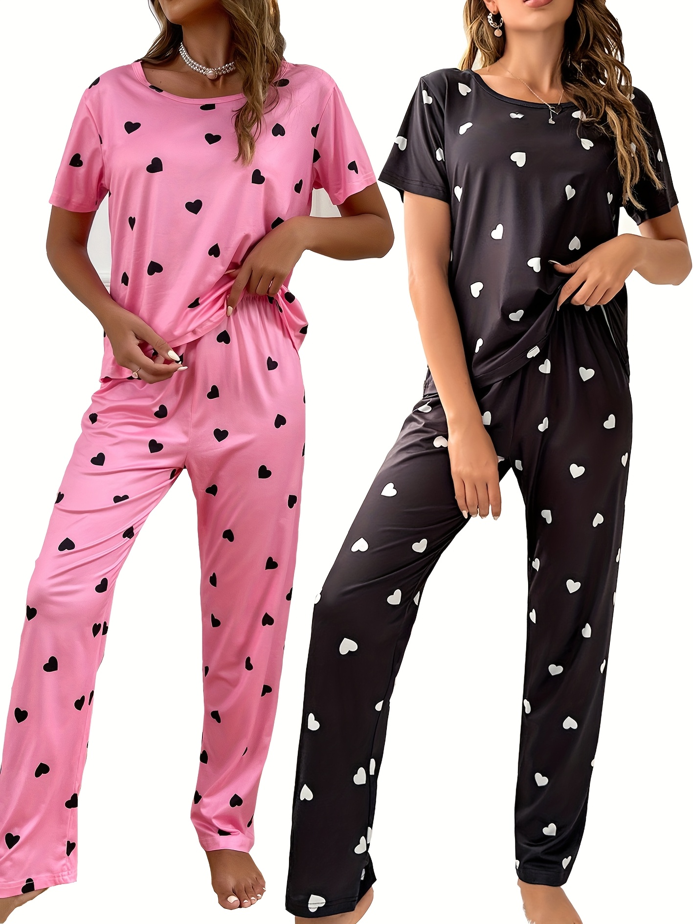 4pieces sets womens heart print pajamas set casual comfortable short sleeve t shirt elastic waist trousers pj set ladies sleepwear for   Product details 0