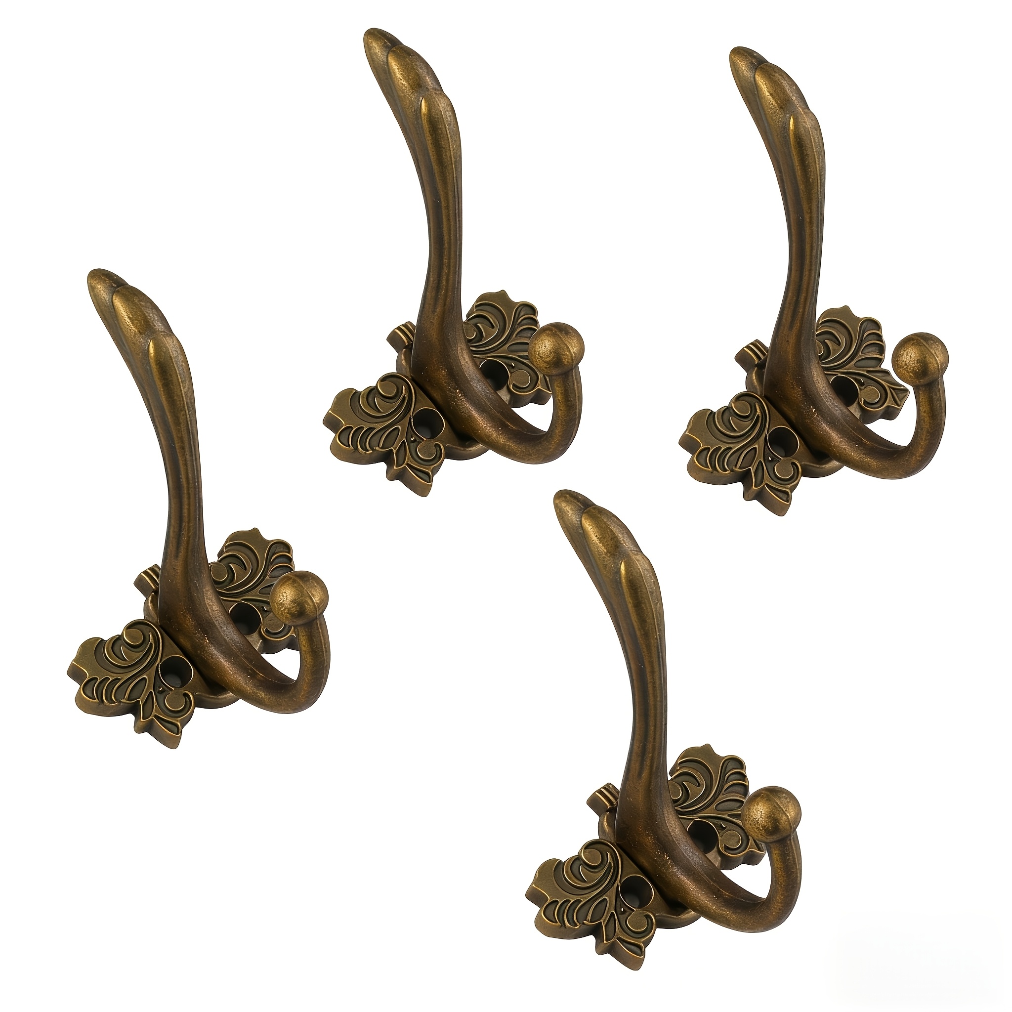 TEMU 4pcs Vintage Brass Coat Hooks, Heavy Duty Wall Mounted Decorative Hooks, Floral Robe Hooks For Bathroom Bedroom Entryway, Rustic Farmhouse