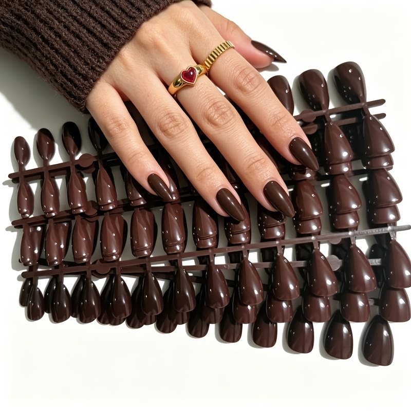 TEMU 216 stuks korte amandelvormige druk-op nagels geschikt voor vrouwen - Glanzende donkerbruine kleur gemaakte doe-het-zelf nepnagels, herbruikbare