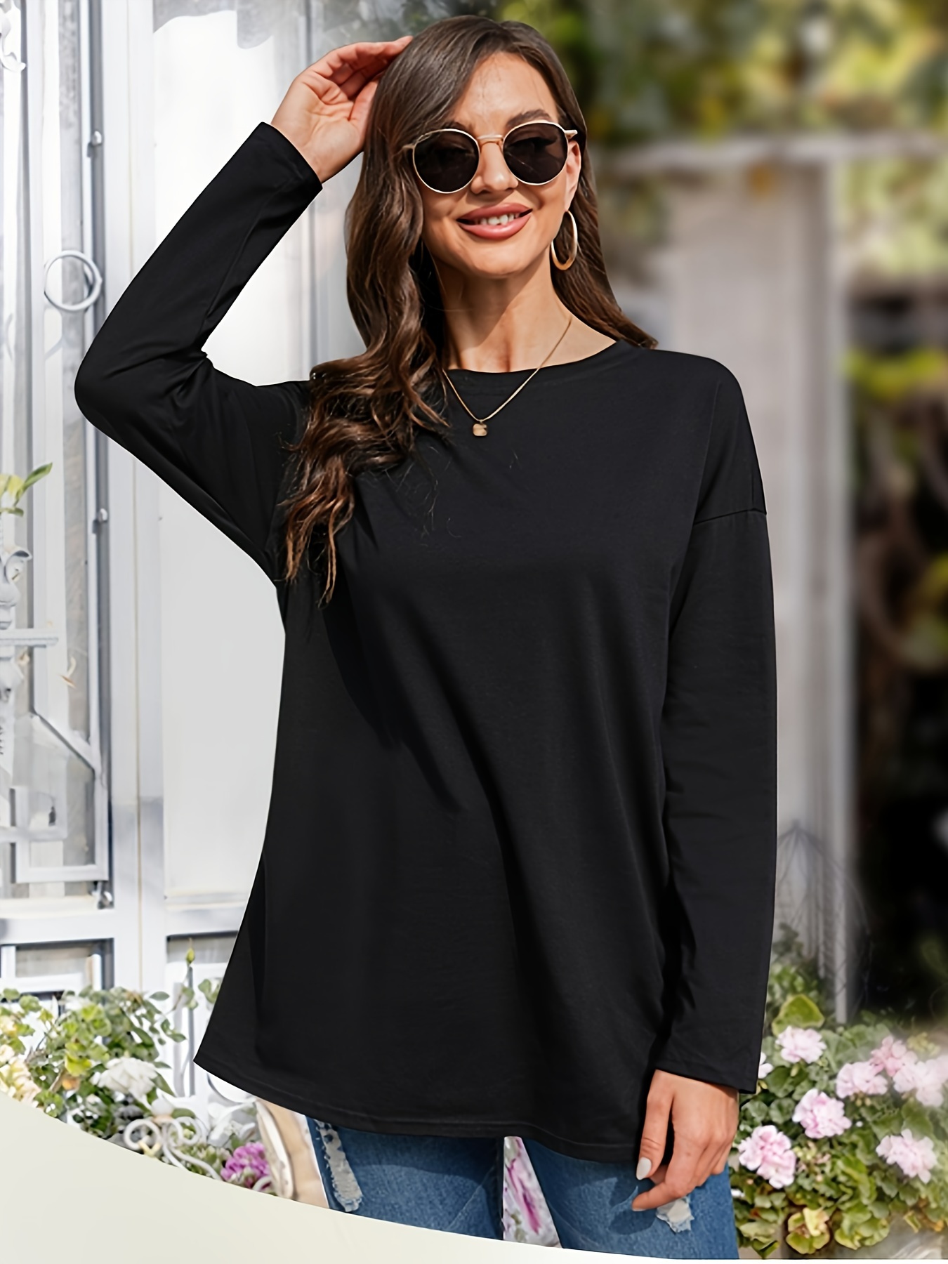 Women'S Long Sleeve Casual Cotton T-Shirt, Crew Neck, Solid Color Stretch  Knit Fabric, Pullover Style for Spring/Fall