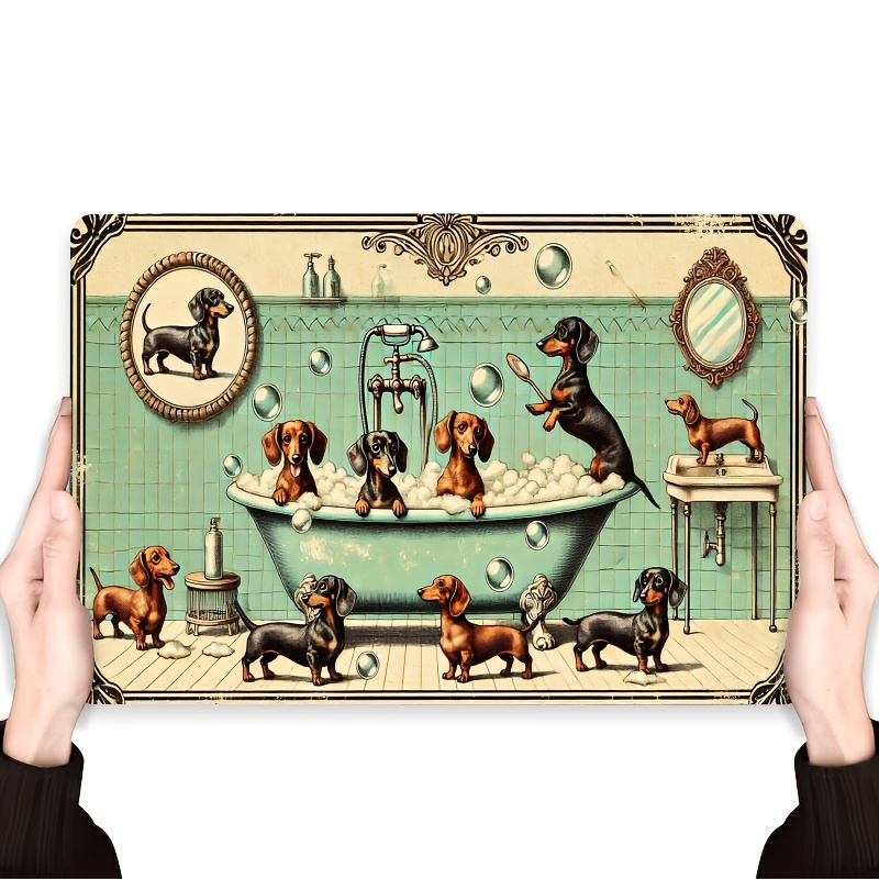 TEMU 2d Flat, Vintage German Shepherd In Bathtub Wall Sign - Suitable For Home, Office, Bar Decor - Artificial Dachshund-themed Decoration With