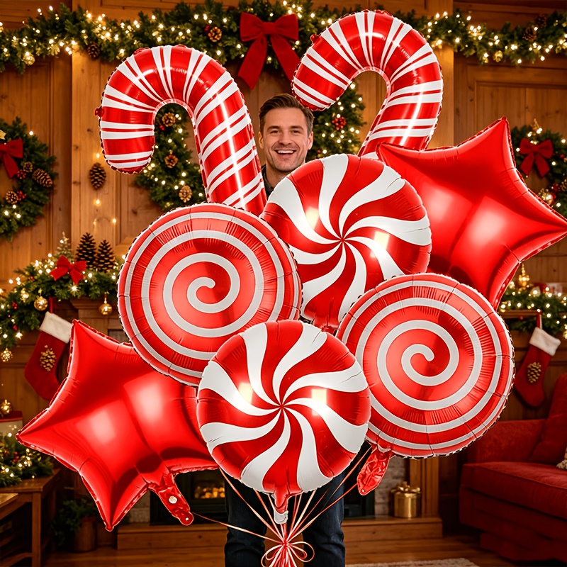 TEMU 8pcs Red Candy-shaped Balloons + -pointed Stars + Red Candy Cane Balloon Set, Suitable For Christmas Party Decorations, Christmas Atmosphere
