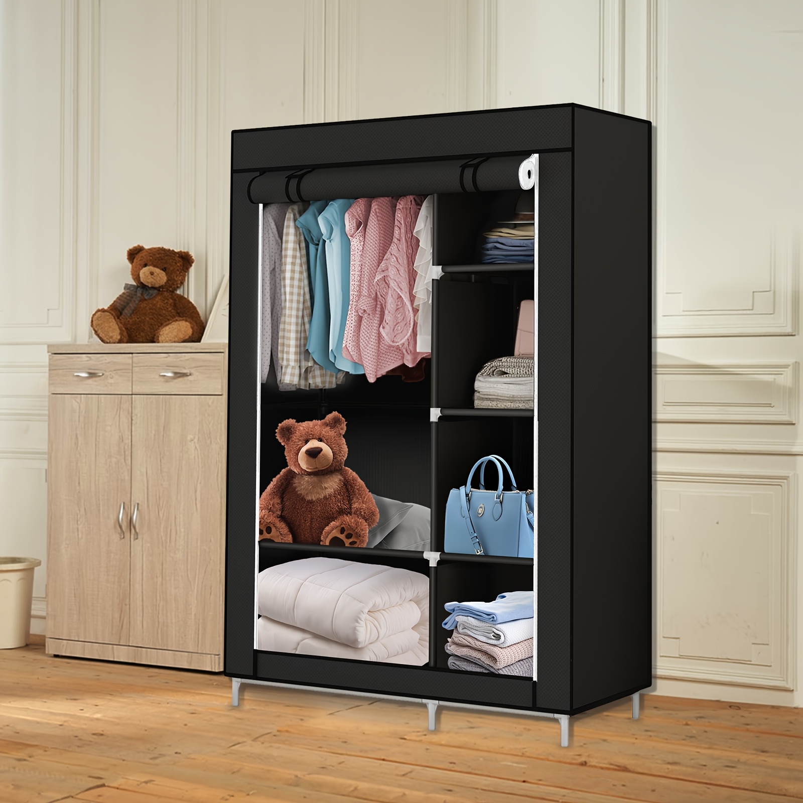 Fabric Wardrobe, Bedroom Wardrobe, Closet With Clothes Rod And Shelves, Metal Frame, Non-woven Fabric, Suitable For Bedroom And Dressing Room - Black 105 X 45 X 170cm, Portable Closets