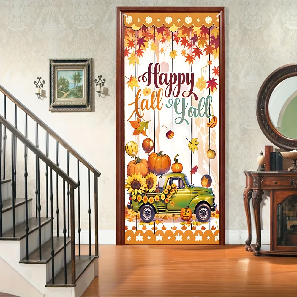 

1pc, Falling Autumn Leaves Trolley Pumpkin (35.4"*70.8"/90cm*180cm), Polyester Door Width, Door Cover, Room Decoration, Party Hanging Banner, Holiday Decoration, Party Supplies, Interior Decoration.