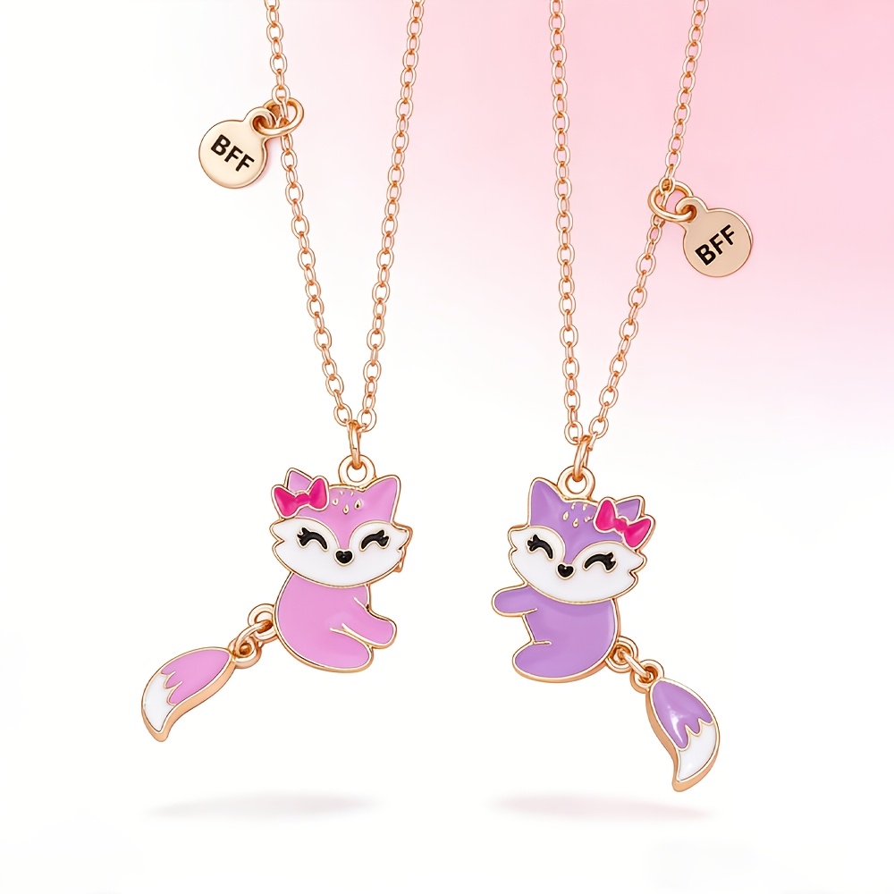 TEMU 2pcs Bff Friendship Fox Necklace Set, Pendant With Movable Tail, Adjustable Cute Jewelry, Birthday And Party Gifts For Girls, Daughter And