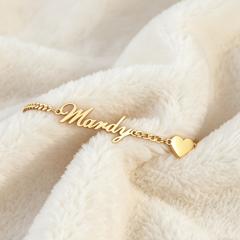 TEMU 1pc Custom Name Heart-shaped Bracelet, Stainless Steel, Fade-resistant, Engraved, Versatile And Fashionable Hand Jewelry, Gift For Mom, Best