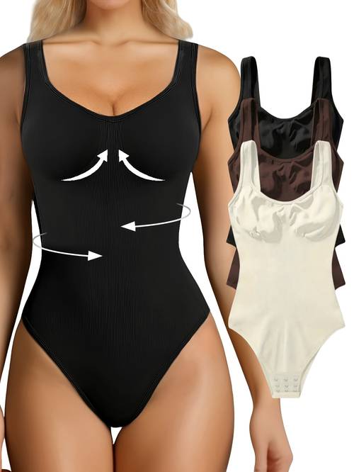 3pcs collection ribbed shaping bodysuits sleeveless seamless fabric tummy control vest in brown daily wear