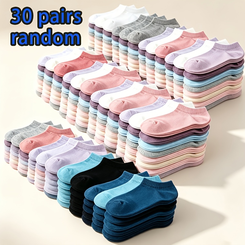 Random 30-pair Unisex Spring/summer Versatile Candy-colored Solid Basic Socks, Daily Casual Breathable Socks For Men And Women, Lightweight, Comfortable, And Thin Socks For Everyday Casual Wear
