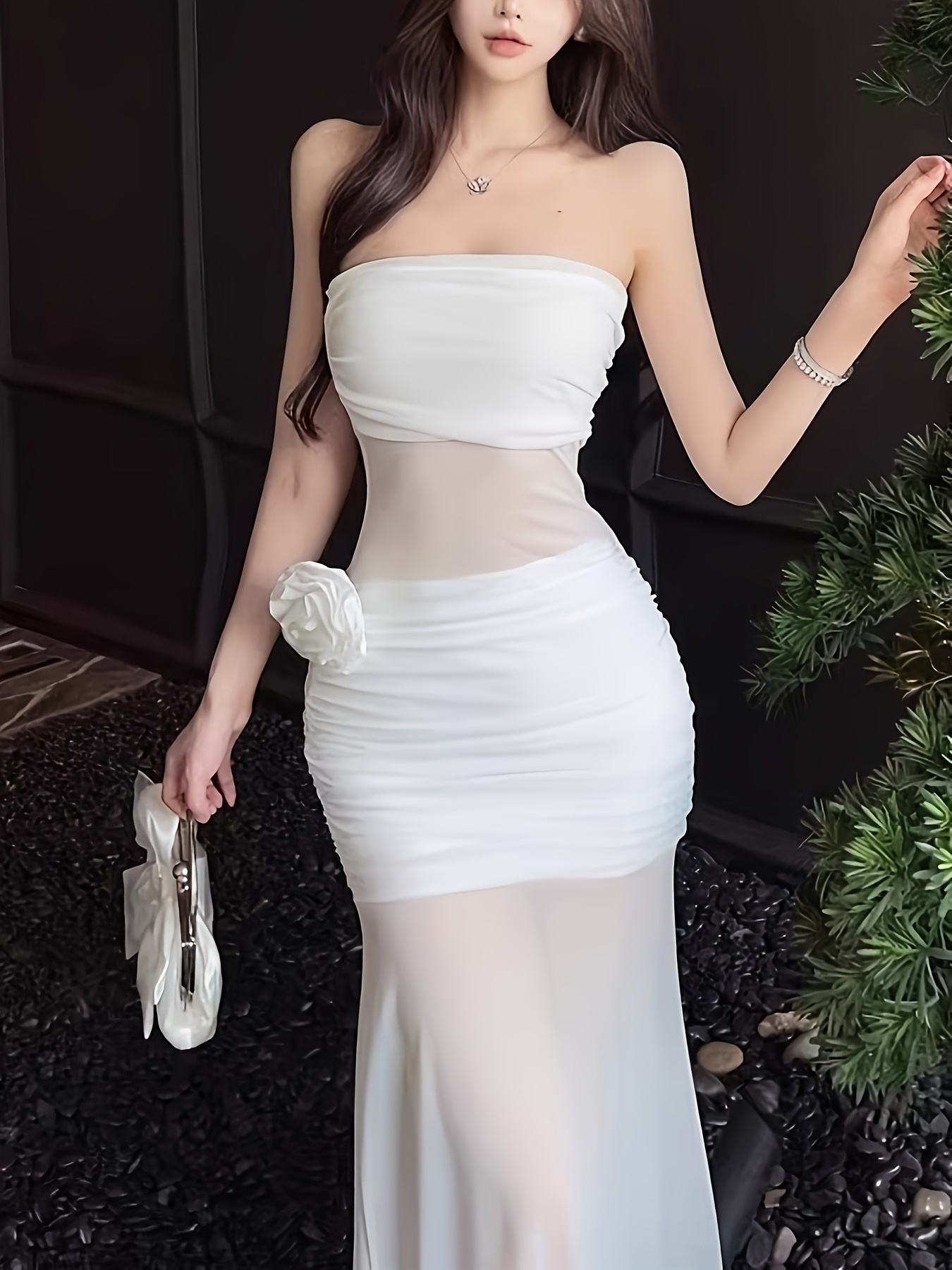 white midi dress casual Midi Sweetheart White Casual Party Dress with Ruffle White / Large