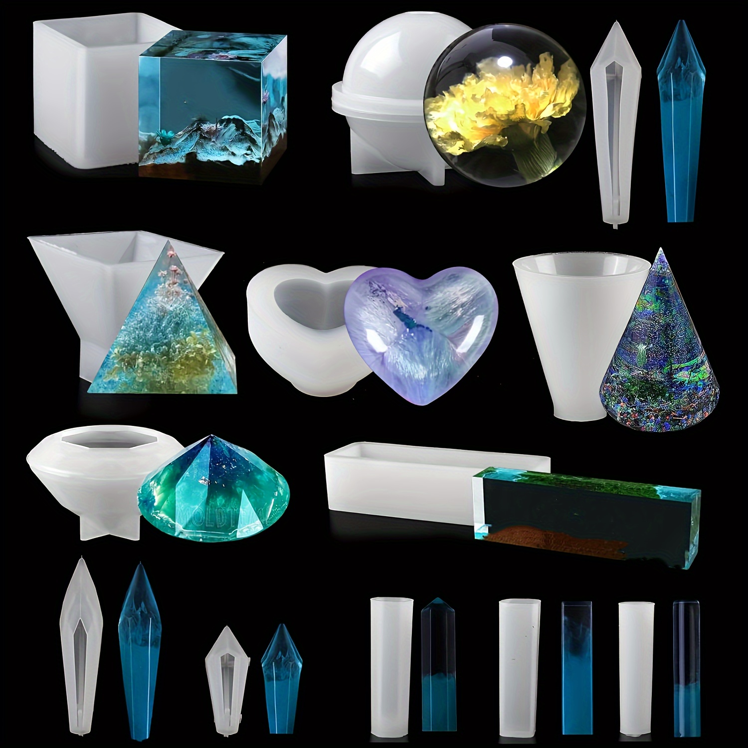 

Moules en silicone pour coulée de pendentifs en résine époxy, forme de boule, cube, pyramide, moule en silicone pour résine cristalline, coulée de pendentifs en bijoux en silicone