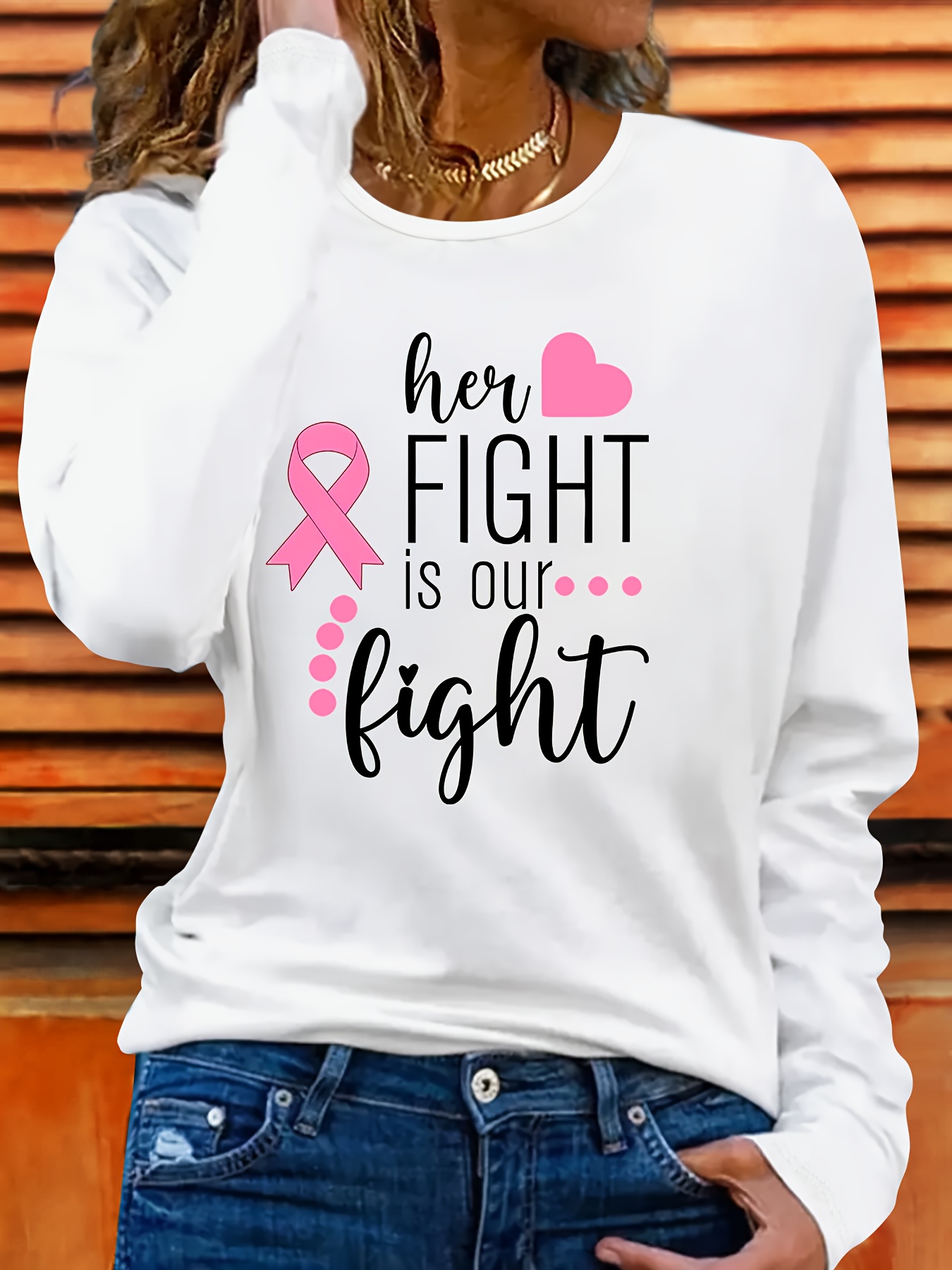 "Her Fight is Our Fight" Long Sleeve T-Shirt - Pink Ribbon & Heart Design, Mental Health Awareness