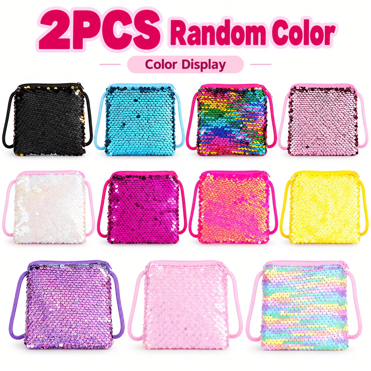 TEMU 2pcs Random Color/square Sequined Cute Backpack Crossbody Bag Colorful Cartoon Zipper Coin Purse
