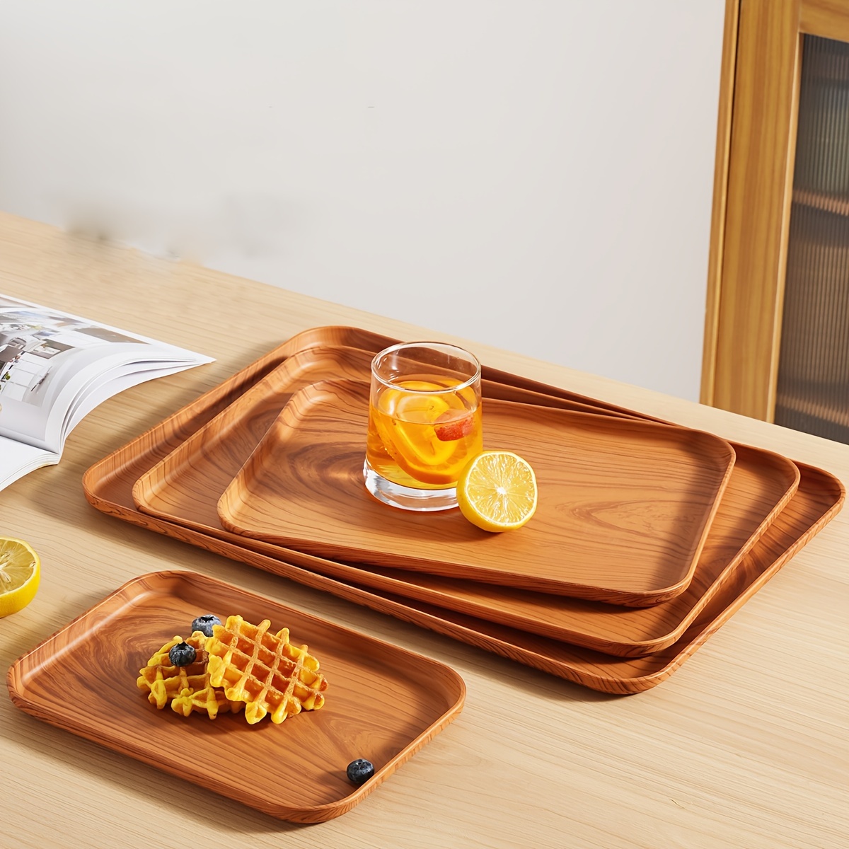 

1pc Wood Grain Effect Plastic Serving Tray - Rectangular Decorative Plate With Raised For Dining, Cheese, Fruit, And Food Storage - Breakfast Tray