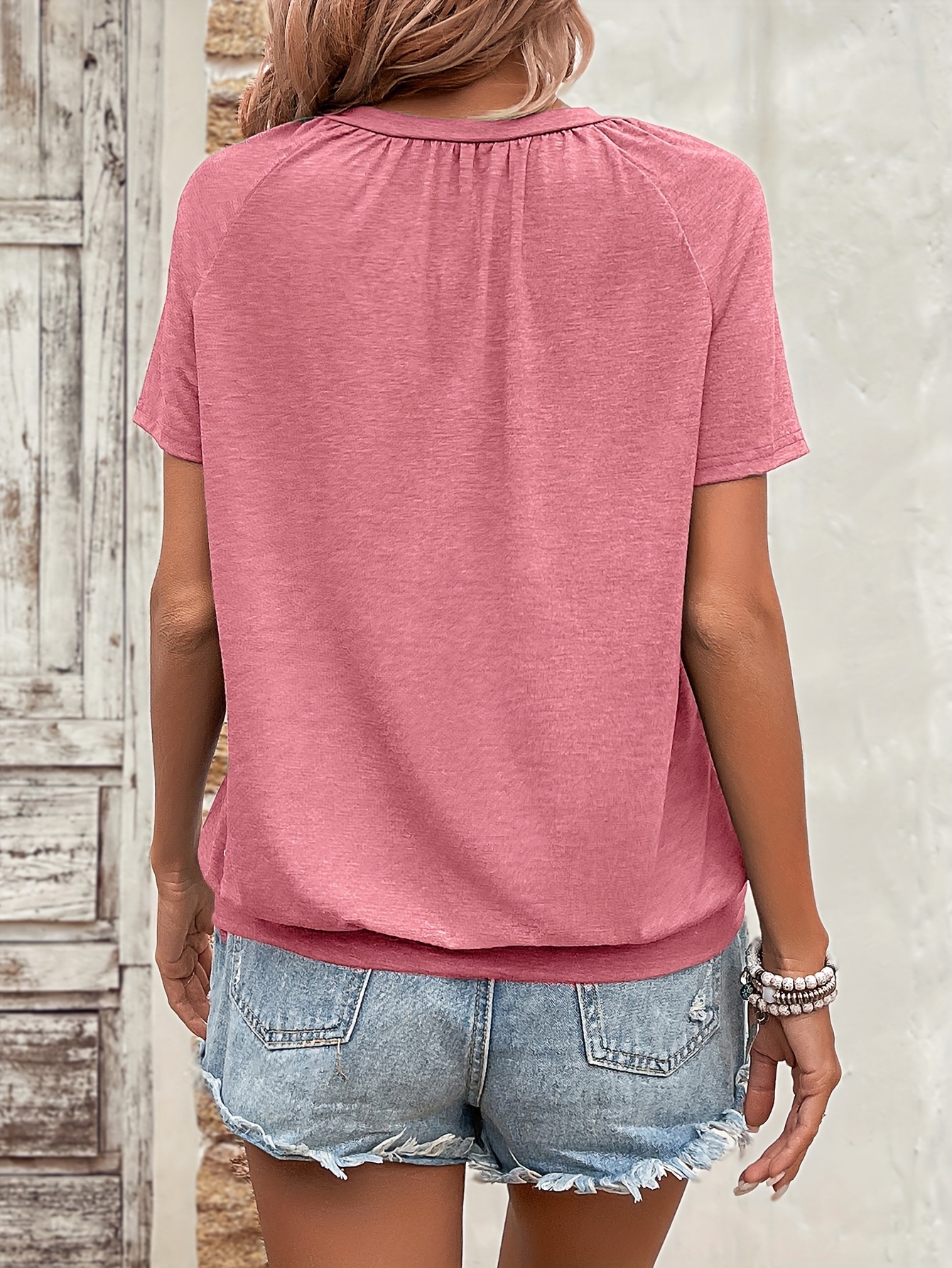 Solid Color V Neck T-Shirt, Casual Short Sleeve T-Shirt For Spring & Summer, Women's Clothing