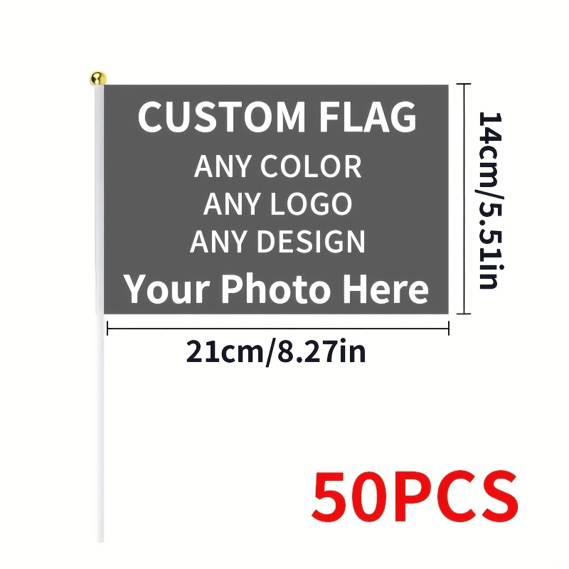 E-shop 50 Stück individuell bedruckte Mini-Flaggen-Set - kann mit Ihren Fotos, Mustern, Handflaggen mit Kunststoffstangen, 8,27 Zoll x 5,5 Zoll, für