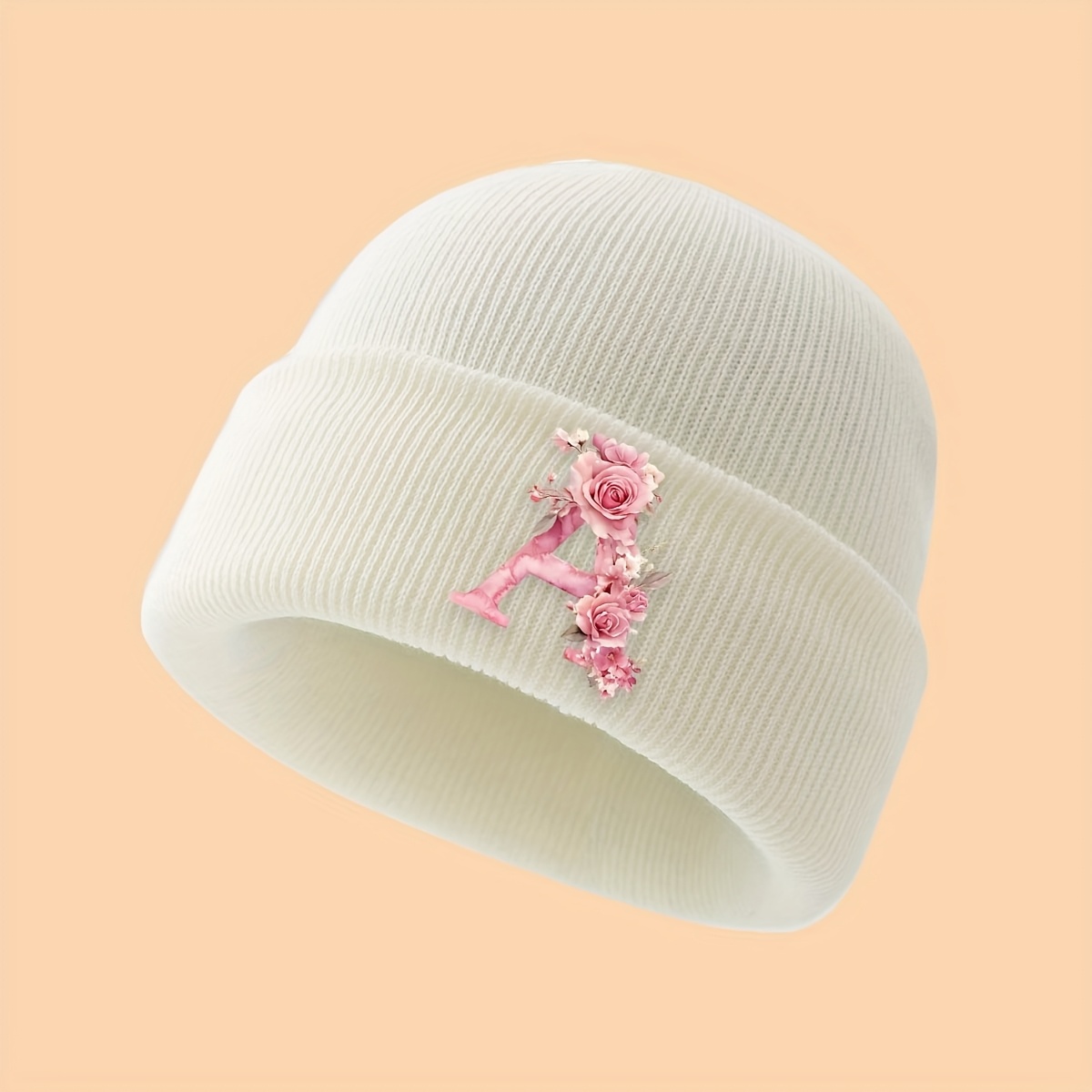 1pc Brimless Knit Beanie For Girls (3-10yrs) W/ Gorgeous Rose And Letter, Soft/breathable/warm, Ideal For Daily Use/ & Birthday/festival Gifts For Daughters/granddaughters