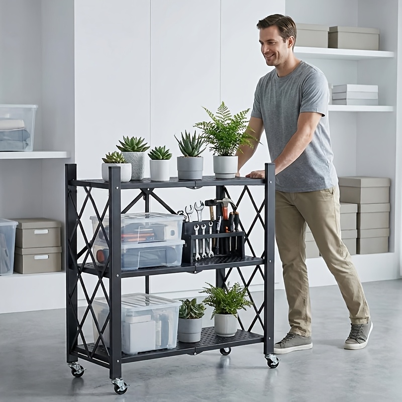 E-shop 3-stufiges/4-stufiges hochbelastbares faltbares Lagerregal mit Rollen – zusammenklappbarer Rollwagen geeignet für Küche, Speisekammer, Büro,