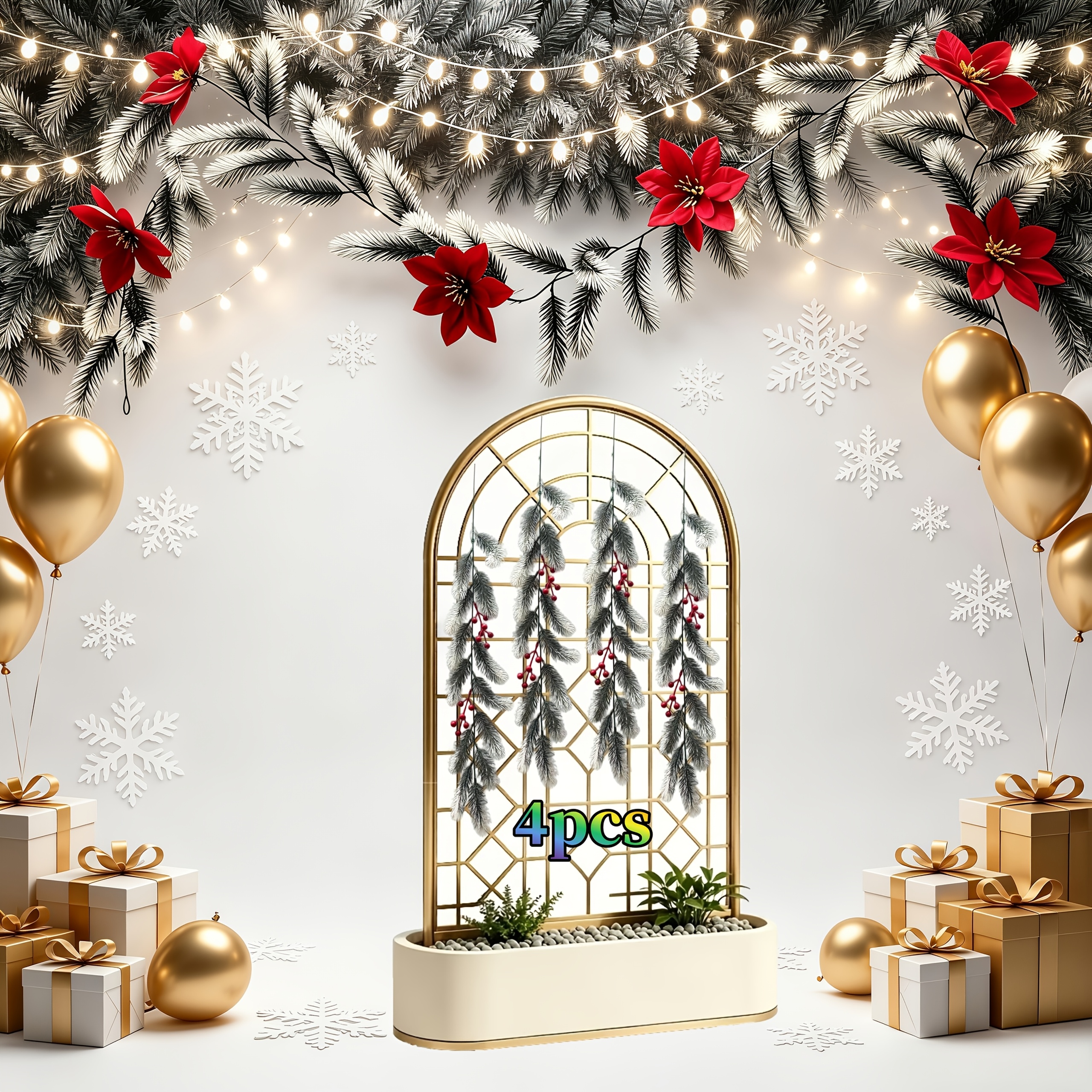 TEMU 4pcs Set Of Luxurious Large-scale Artificial Christmas Hanging Ornaments. Features Densely Full Artificial Frost-effect Pine Branches With