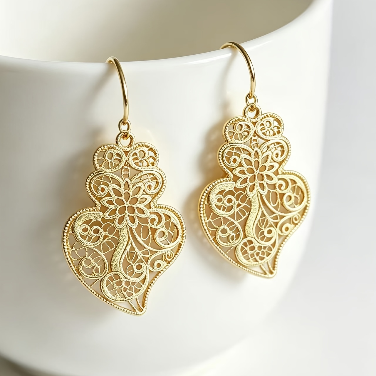 Vintage Filigree Openwork Heart & Floral Drop Earrings, Elegant Design