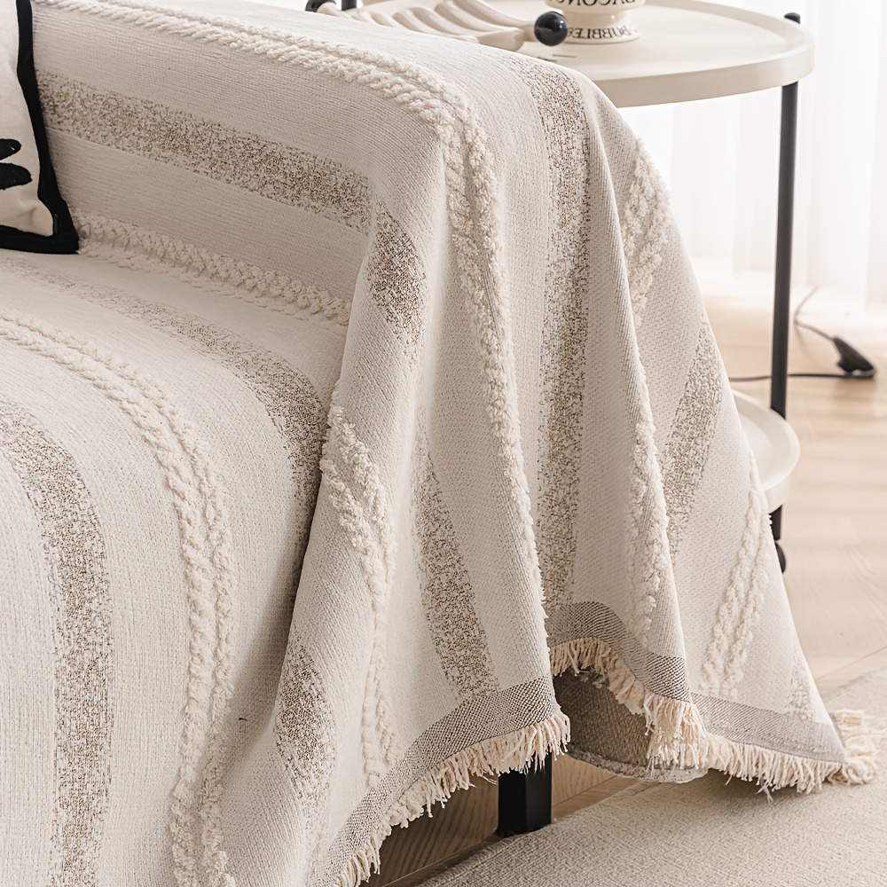1pc High-GSM Wabi-Sabi Style Twisted Rope Texture Sofa Cover, Textured Full-Coverage Non-Slip Sofa Scarf, Cream-Style Furniture Protector
