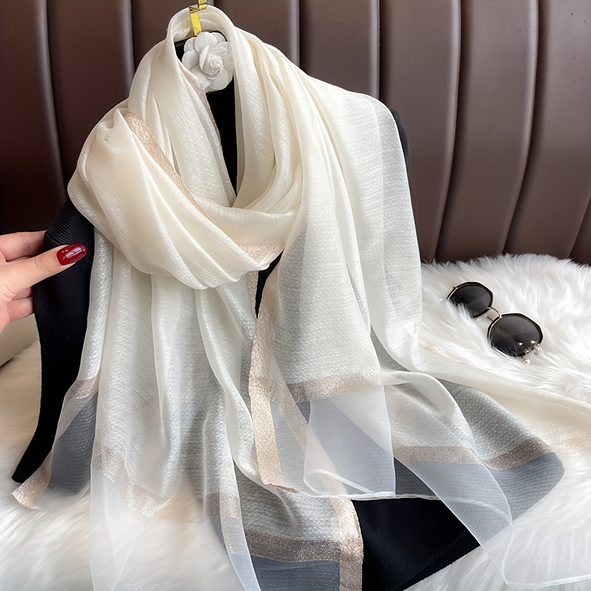 1pc Women' Color 70 X 190cm Long Scarf Sequin Scarf Breathable Elegant Versatile Beach Casual Holiday Party Scarf