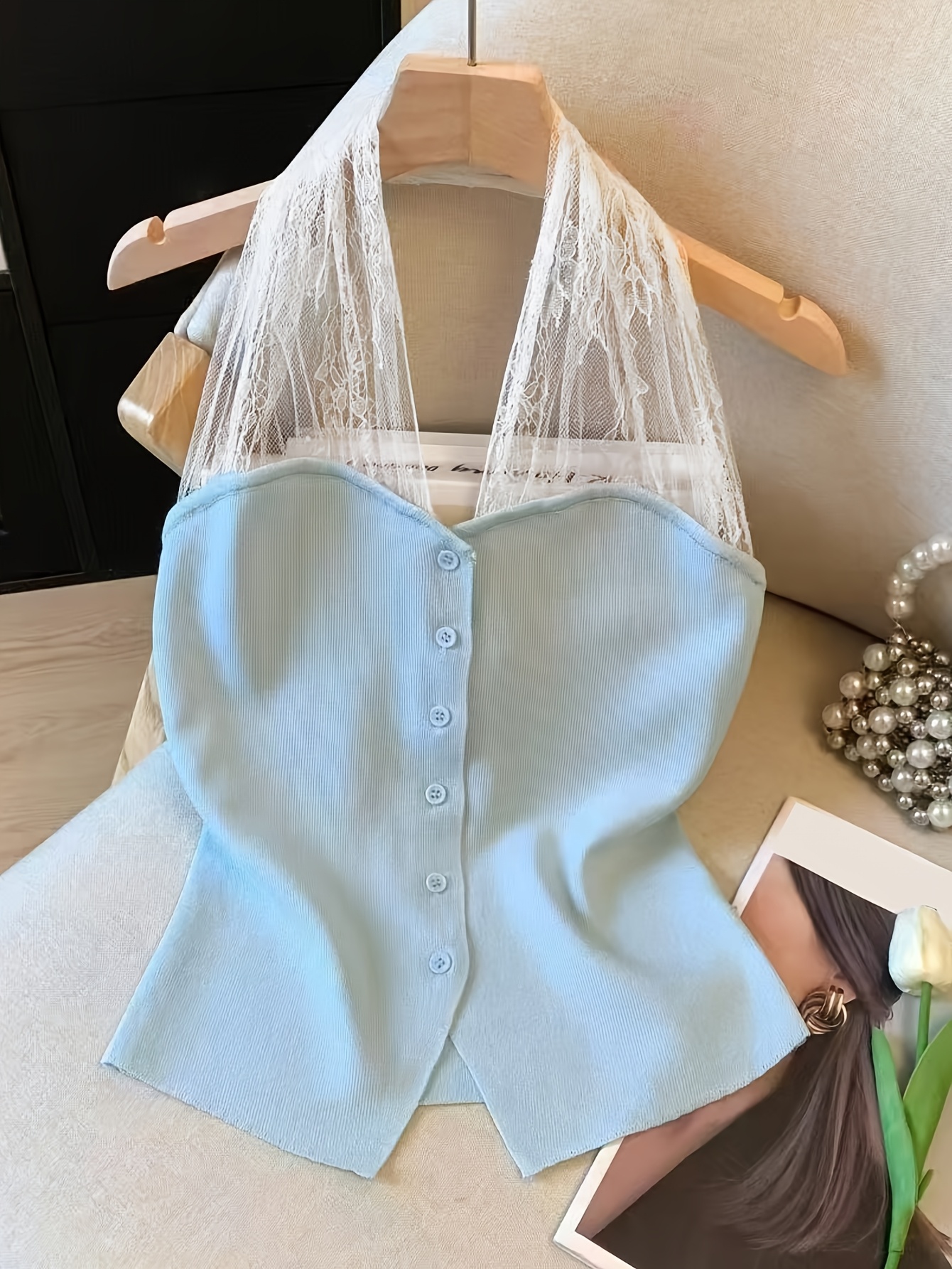 トップス LOWCLASSIC Sheer Halter Layered Camisole womens halter lace tight camisole niche design summer - Temu Mauritius