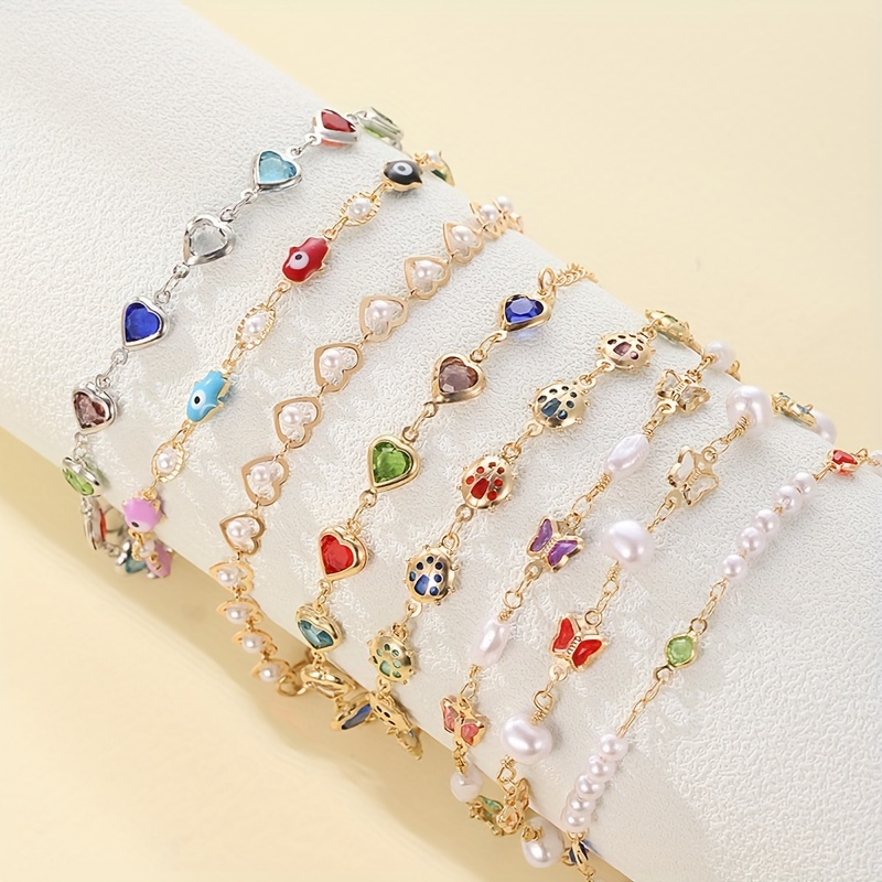 

8pcs Colorful Faux Crystal Love Heart Butterfly Artificial Pearl Beaded Bracelet For Women, Elegant Cute Golden Bracelets Set For Her, Perfect For Party Holiday Casual Daily Wear