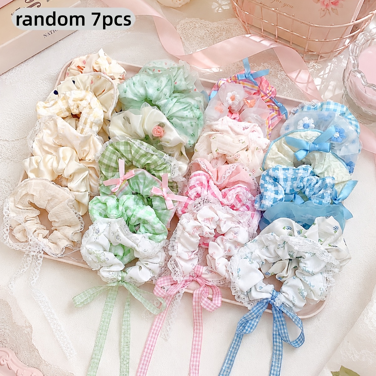 TEMU 7pcs Random Floral Bow Scrunchies For Women, High-quality Fabric Stretch Hair Ties That Don't Damage Hair, Suitable For Parties, Social Events,