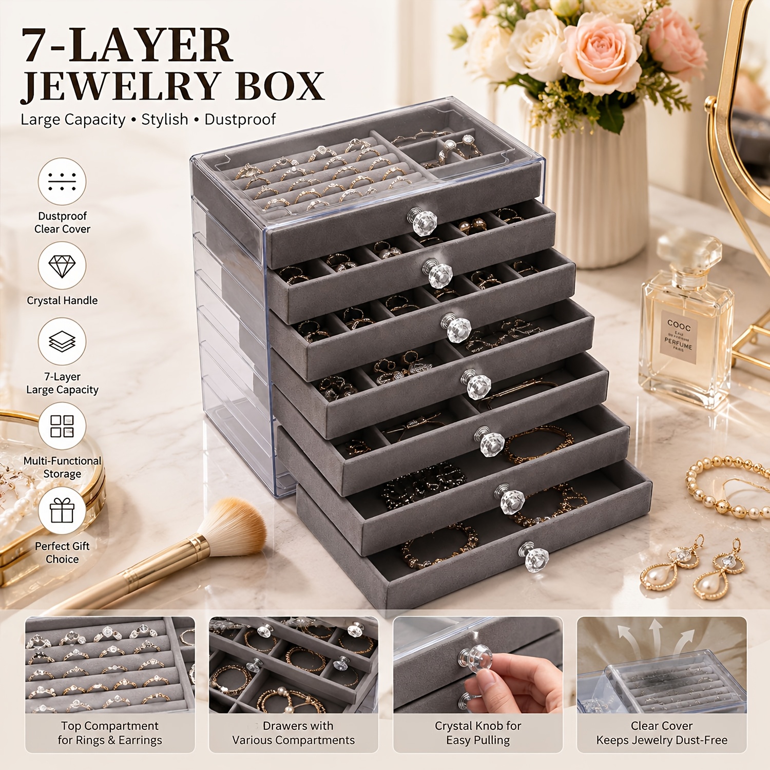 TEMU Earring And Necklace Storage Box, Jewelry Organizer With 7 Adjustable Drawers, Transparent Stackable Earring Holder, Velvet Tray, Women's Ring