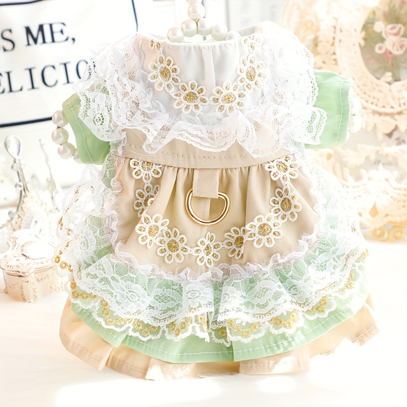 dog clothes autumn dress cat princess dress green gold edge lolita