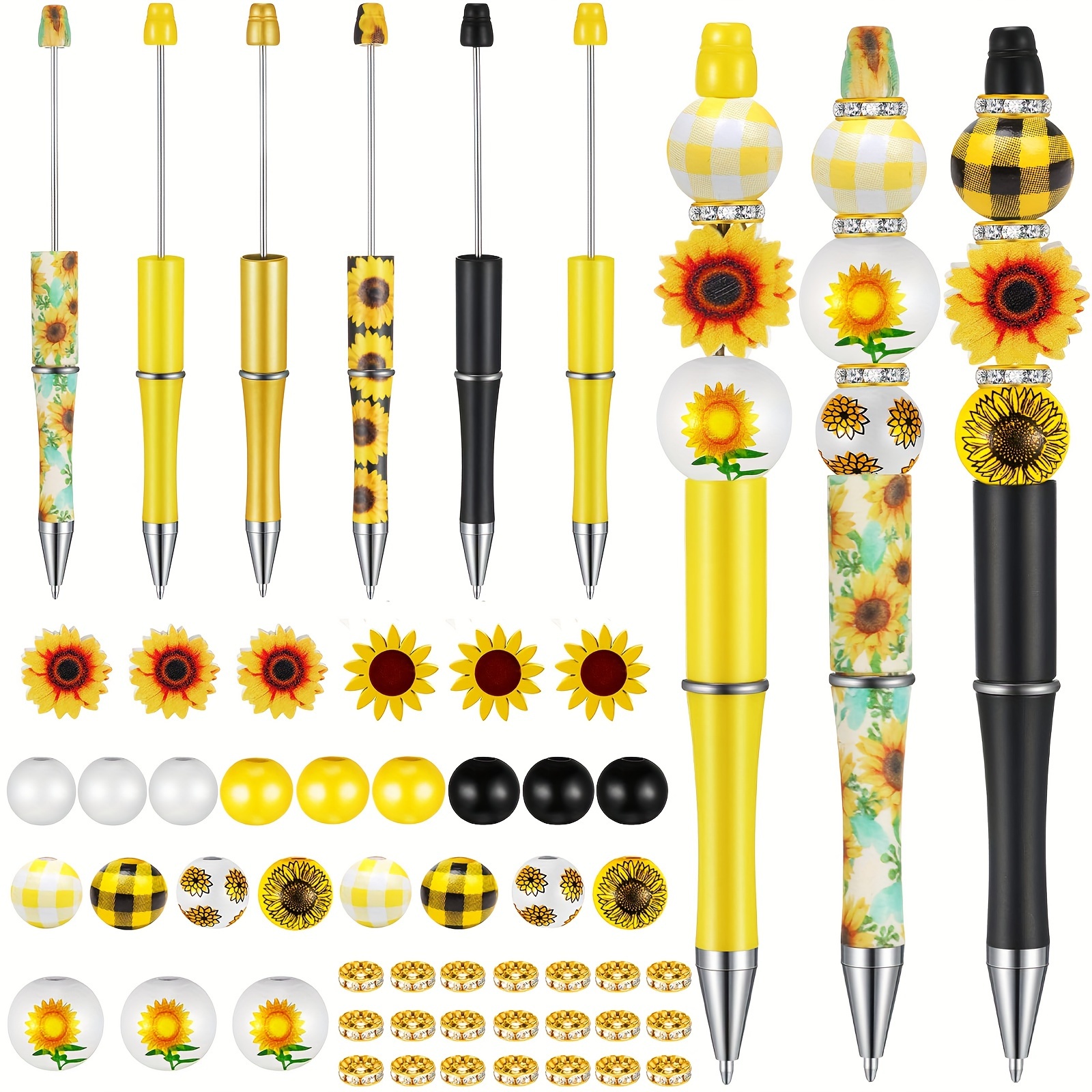 

6 Sets Sunflower Plastic Beadable Pens Assorted Beads Diy Beaded Pens Wood Beads Crystal Spacer Beads Set Round Beads Black Ink Ballpoint Pen For Student Gifts School Office Prize Supplies