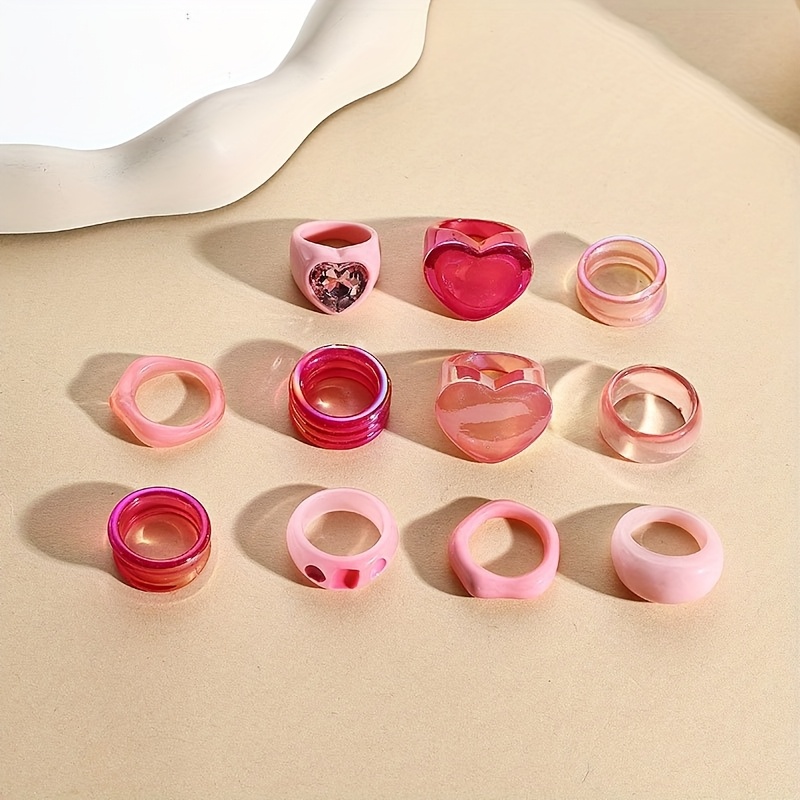 E-shop 11-teiliges Trendiges Rosa Süßes Damen-Ringset im Punk-Stil, Handgefertigte Resin-Schmuckgeschenk für Frauen und Studentinnen – Ideal für den ,