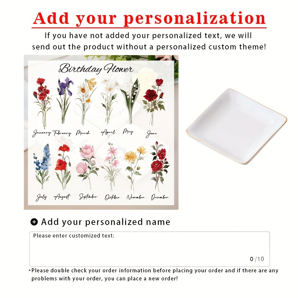 E-shop Personalisierte Schmuckschale, 1 Stück, individuell gestaltbar, Schmuckschale aus Keramik mit Geburtsblume, Schmuckschalen-Tablett für Frauen,
