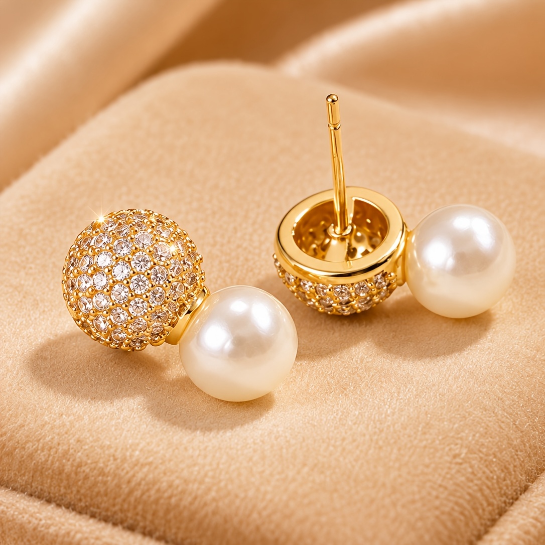 2pcs Gold-Plated Round Stud Earrings with Cubic Zirconia