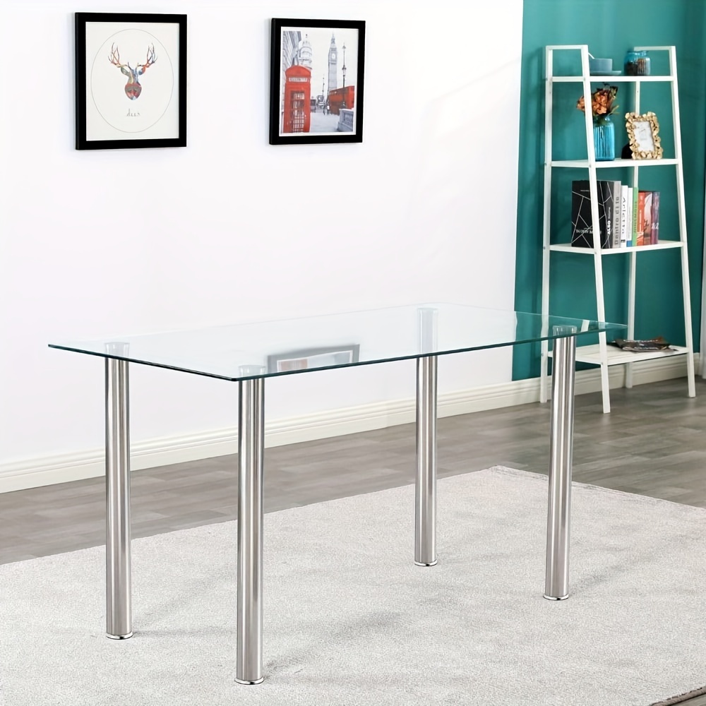 

1pc 6 Seat Simple Assembled Table, Transparent Glass & Iron Dinner Table, Rectangular Table, 135*70*75cm