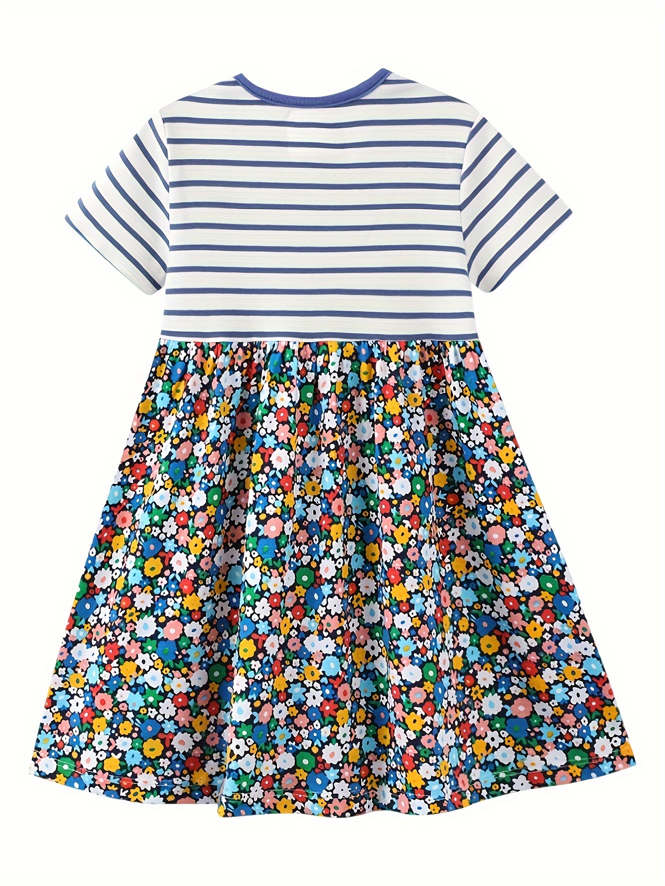 Girls' Short Sleeve Dress Summer Cotton Round Neck Breathable Skirt Blue  and White Striped Cute Floral Pattern Print with Pockets Casual Straight-Leg