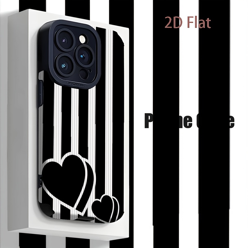TEMU Phone Case - 2d Flat Black And White Striped Heart Decorative Painting Print Pattern, This Case Of Faux Leather, High Aesthetic Light Luxury