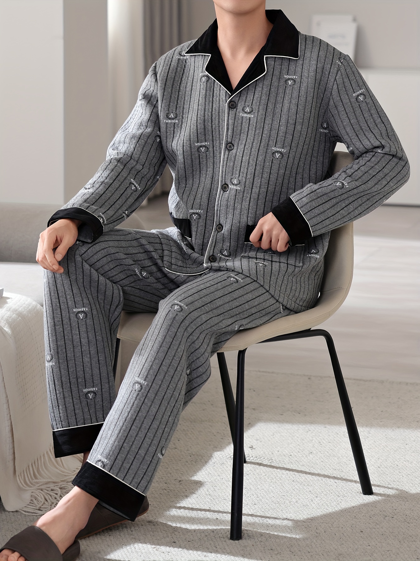 Men'S Casual Cotton Pajama Set with Lapel Collar, Geometric-Pattern, Long Sleeve, Loose Fit, Slight Stretch, Knit Fabric, Winter Warm Thickened, Triple-Layer Cotton Lined Sleepwear with Pockets