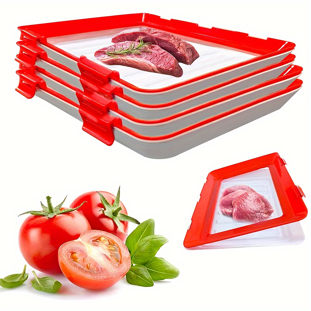 

1/4pcs/set Storage Box, Vacuum Food Fresh-keeping Tray With Lid, Stackable And Reusable Food Tray, For Fruit, Meat And Vegetable, Kitchen Organizers And Storage, Kitchen Accessories