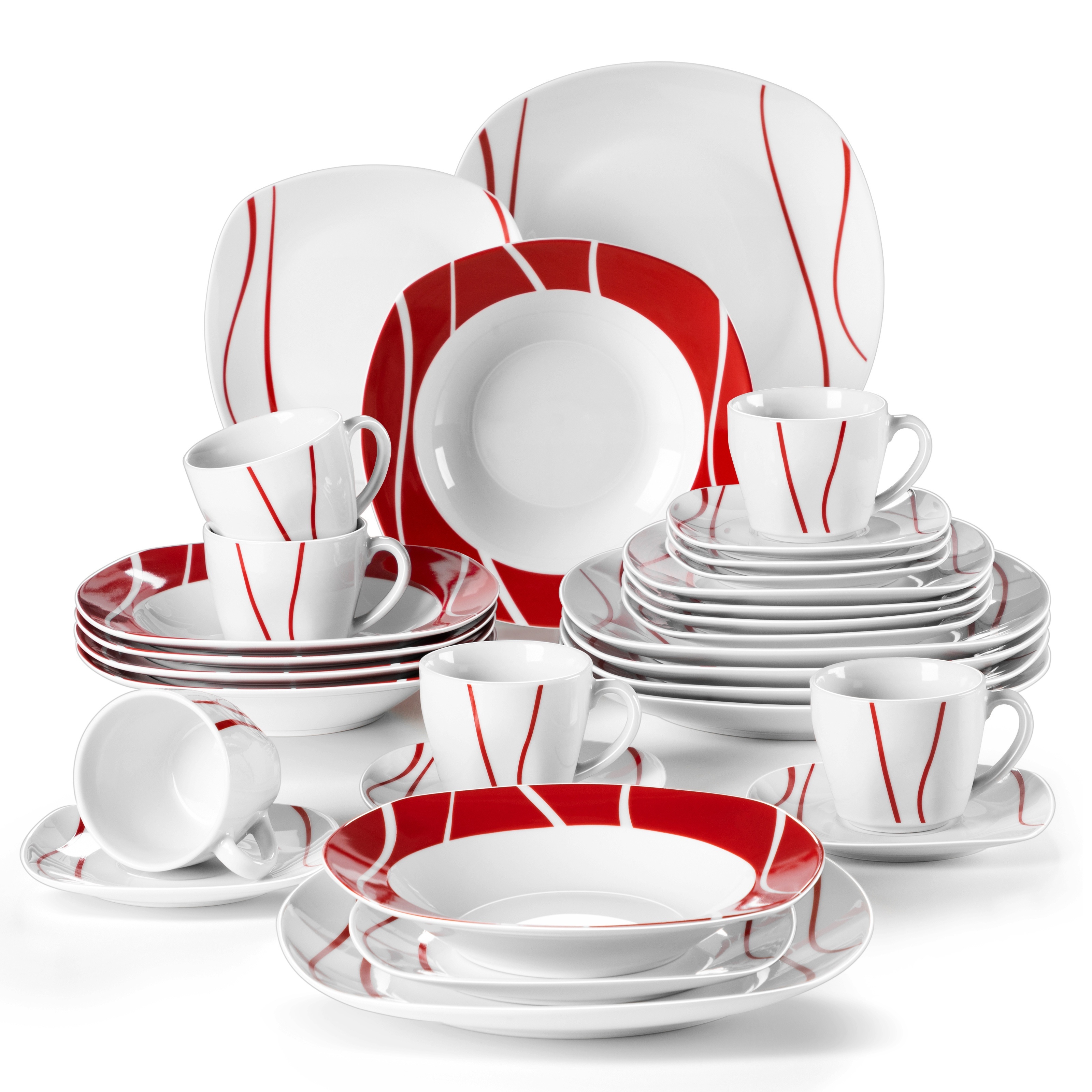 E-shop 18/30-teiliges Porzellan-Geschirrset, Tassen, Untertassen, Dessertteller Suppenteller sowie Essteller, Kaffeeservice