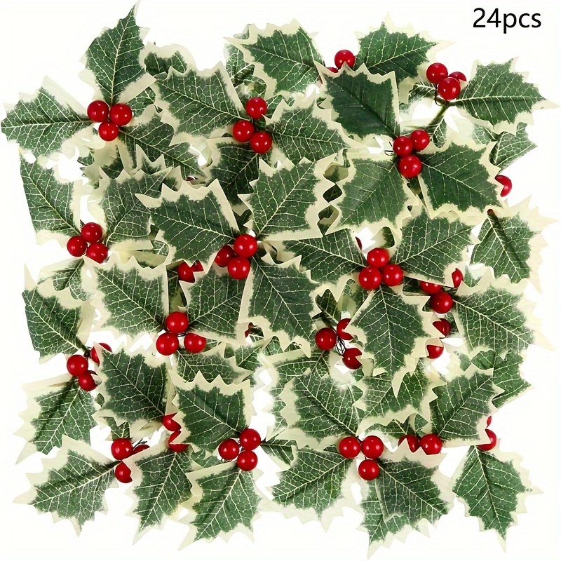 Image of Set Of 24 Artificial And Greens - Ideal For Christmas Wreaths, Cake Embellishments, Projects, Wedding Decor, And Holiday Decorations