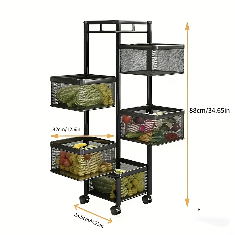 Rotating Kitchen Storage Shelf 5 Tier, Metal Fruit Vegetable Storage Basket Multi-Layer Vegetable Rack Storage Trolley on Wheels, Floor-Standing Basket for Kitchen Bathroom, Square