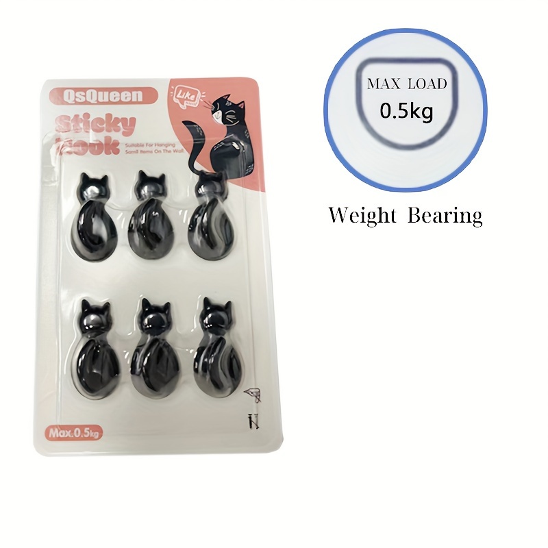 6pcs/12pcs Black Kitten Hook Cute Household Essential Auxiliary Hook Punch-free Adhesive Hook, Utility Hooks